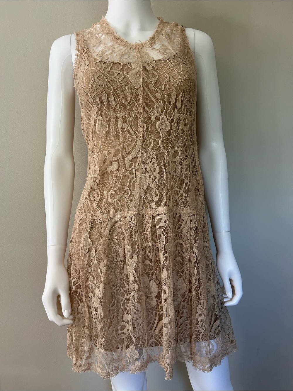 Raquel Allegra Lace Sleeveless Drop Waist Dress Nude Beige Size 0 Made USA
